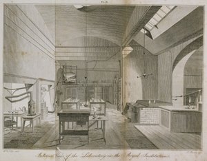 Interior del laboratorio del sótano de las Instituciones Reales, de Manual de Química, por W.T. Brande, grabado por James Basire de William Tite